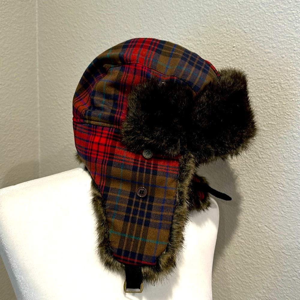 NWT winter hat. Red and khaki plaid with faux fur, ear flaps, strap under chin